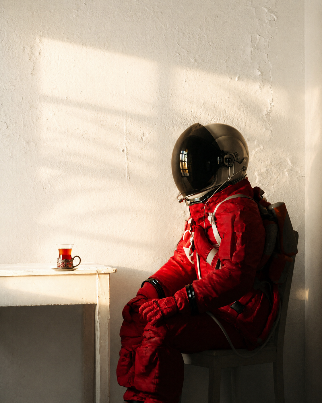 kırmızı astronot kıyafeti giymiş, yanında bir bardak çay olan figür